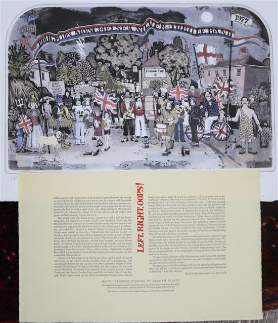 Graham Clarke, two coloured etchings, Left Right Oops! and Jubilee Band, signed artist proofs 34 x 54cm, unframed